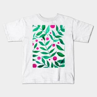 Watercolor branches and berries - green and pink Kids T-Shirt